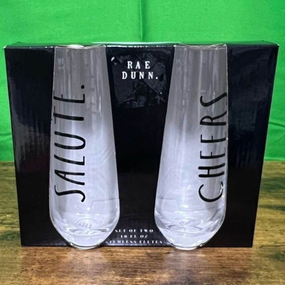 NWT Rae Dunn Salute & Cheers Champagne Stemless Flutes Set of Two 10 Fl Oz‎